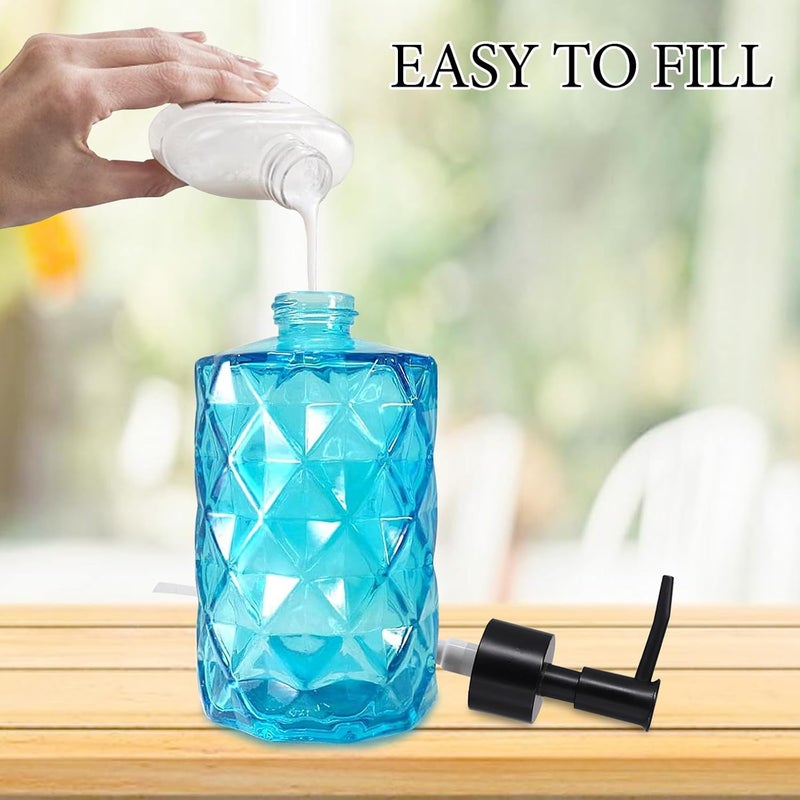 Ulable Clear Ocean Blue Glass Soap Dispenser with Plastic Pump, 2 Pack 12oz Diamond Design Bathroom Soap Dispenser for Hand Wash, Lotion Dispenser & Dish Soap Dispenser for Kitchen and Bathroom - Image 4